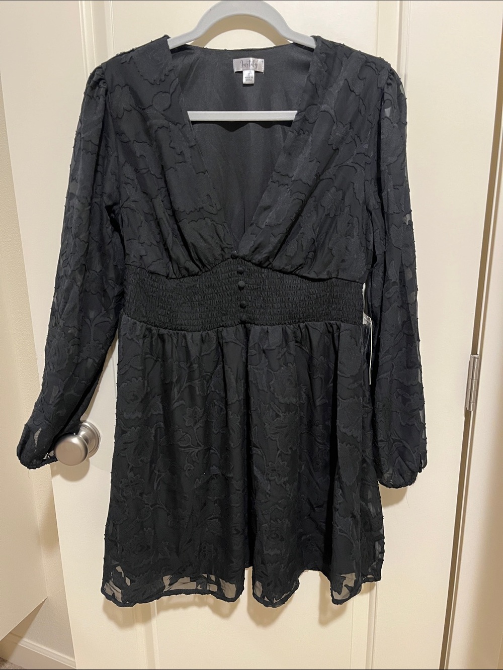 Justify Black Textured V-Neck Long-Sleeve Smocked-Waist Dress
